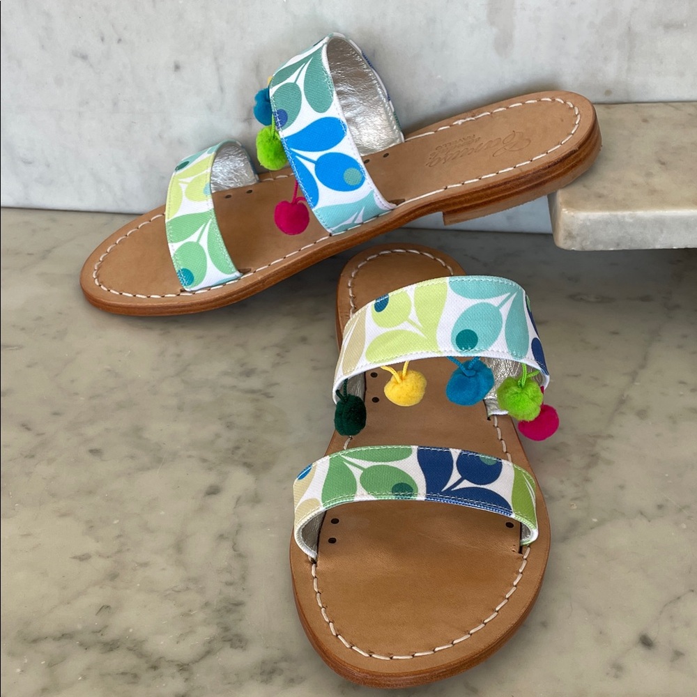 CARUSO SANDALI Colorful Pom Pom Fabric & Leather Italian Slide Sandals 39